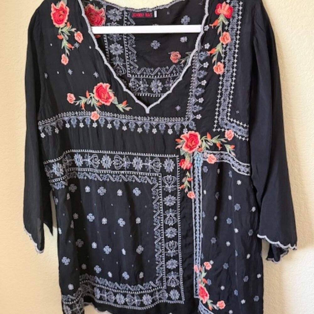 Johnny Was Black Blouse with Red and Pink Floral Embroidery